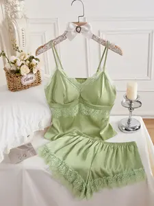 Green Silk Soft Lingerie Set Spaghetti Strap That Looks Like a Dream ✨ Off-Shoulder + Lace Trim Bohemian = Instant Romance 💕 Perfect for Date Night or Self-Love Moments