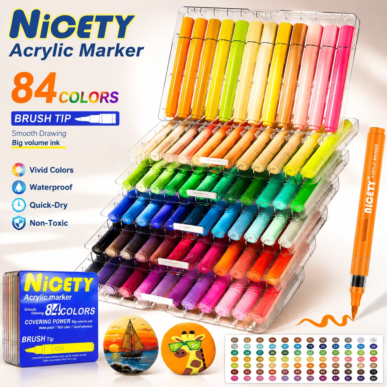 84 Colors Acrylic Paint Pens – Water-Based Brush Tip Markers for Rock, Wood, Glass, Ceramic, Fabric & Canvas | 1–5mm Flexible Tips, Quick-Dry & No-Bleed