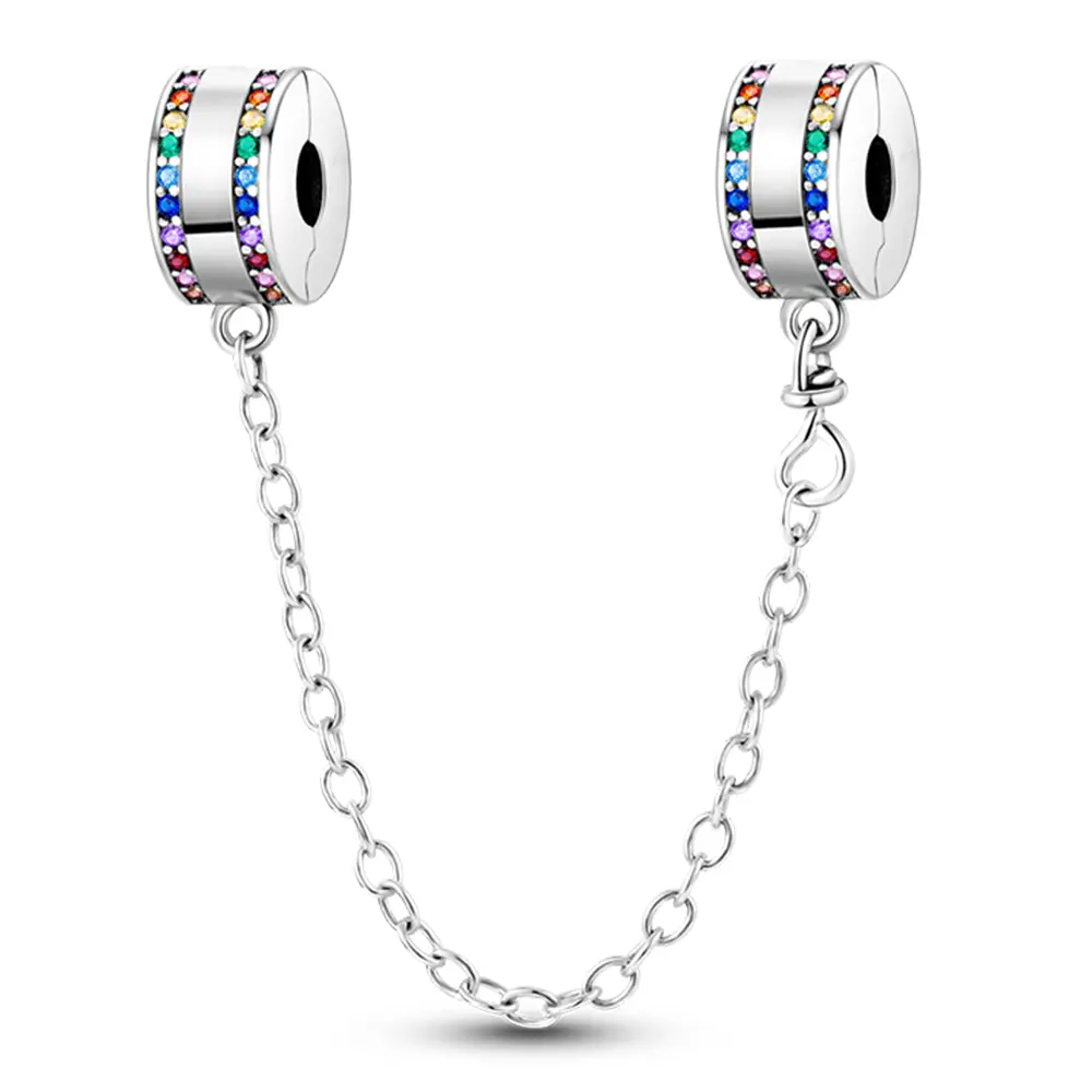 Rainbow CZ safety chain charm, 925 sterling silver; colorful pavé CZ stopper bead; for DIY charm bracelets—Pride, summer, birthday jewelry protection