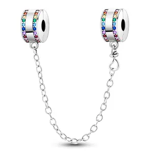 Rainbow CZ safety chain charm, 925 sterling silver; colorful pavé CZ stopper bead; for DIY charm bracelets—Pride, summer, birthday jewelry protection