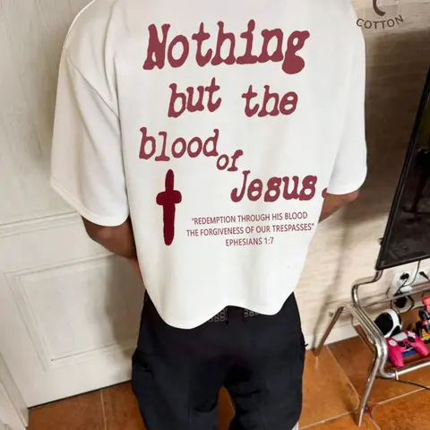 1 Piece Men's Oversized Cotton T Shirt Vintage Streetwear Jesus Cross Graphic Print Casual Tee For Daily Street Wear