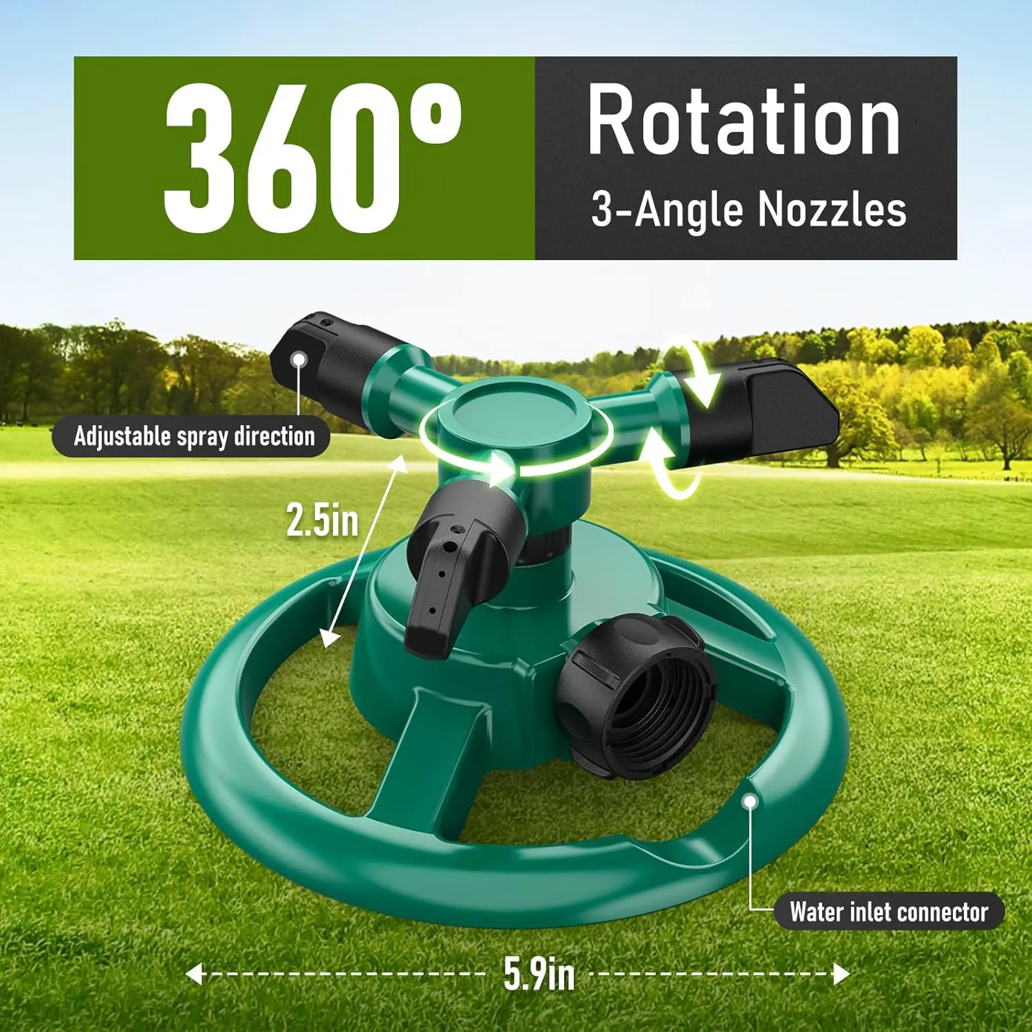 360° Rotating Lawn Sprinkler, Automatic Garden Water Sprinkler with 3 Nozzles, Large Area Coverage for Yard & Plants