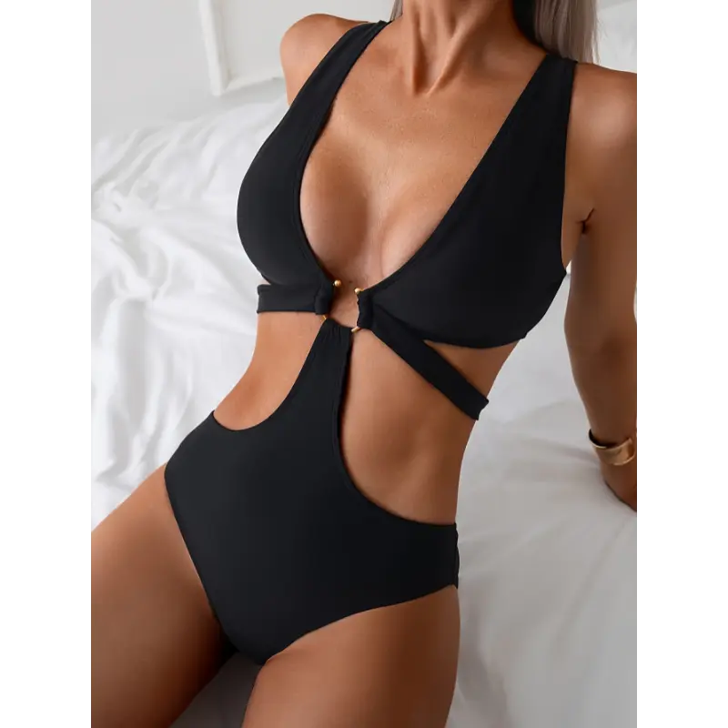 Women's Sexy Deep V Neck 1-Piece Bathing Suit - Polyamide-Elastane Knit Fabric with Medium Stretch, Backless with Cutouts, Cross Strap, Ring Buckle, Solid Color Beach Swimwear Bodysuit for Minimalist Comfortable Sexy Look