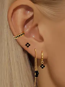 4Pcs Elegant 24K Gold Plated Cubic Zirconia Cuff Earrings Set For Women Black Zircon Chain Stud Earrings Pack Flower Drop Dangle Earrings Stack