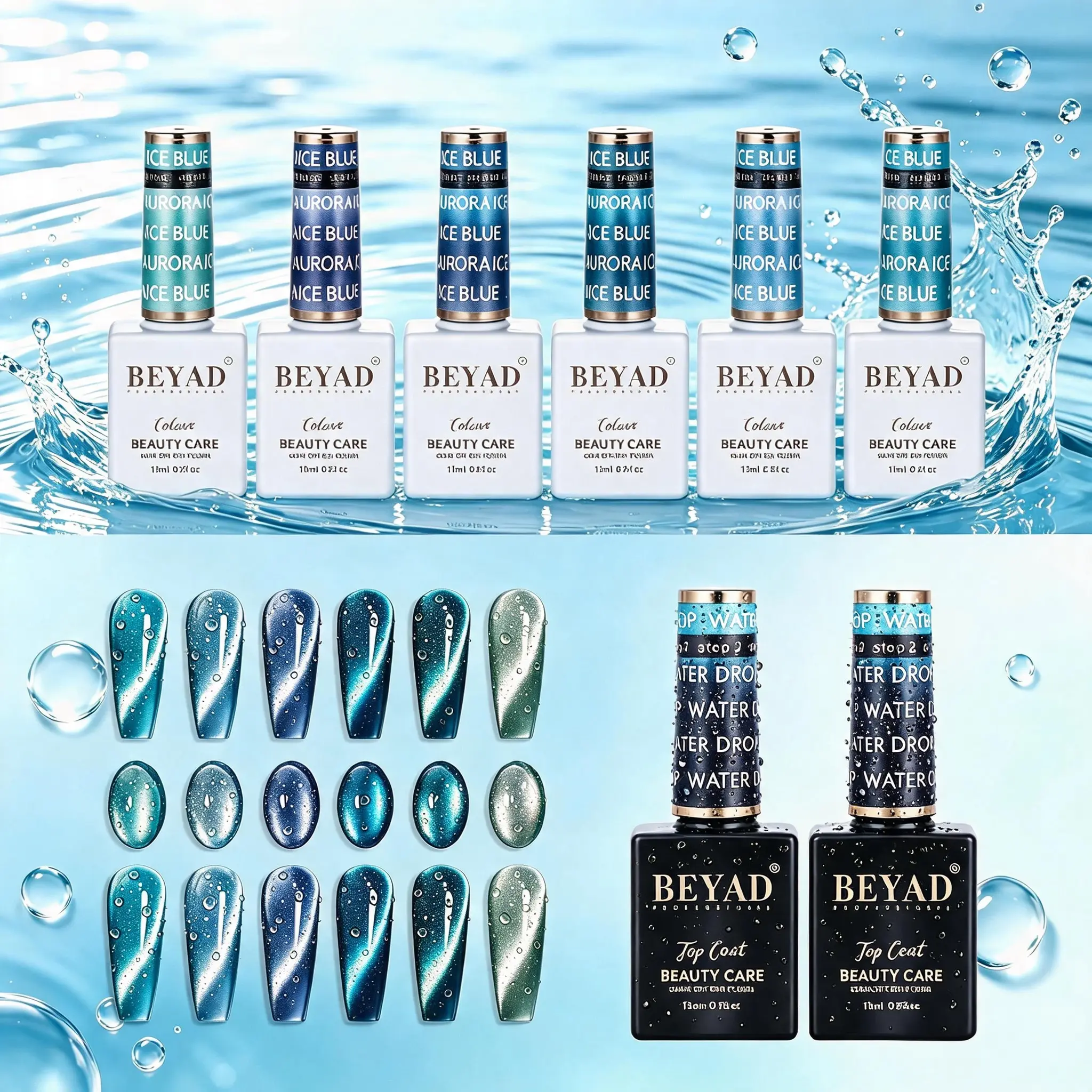 beyad Ice Blue Cat Eye Gel Nail Polish Set - 9-Piece DIY Manicure Bundle Pack with 3D Water Drop Top Coat & Magnet, 15ml, Shimmer, Translucent, Pigment, Beauty Products, Silky, Nail Supplies, Manicure At Home, Easy Nail Art