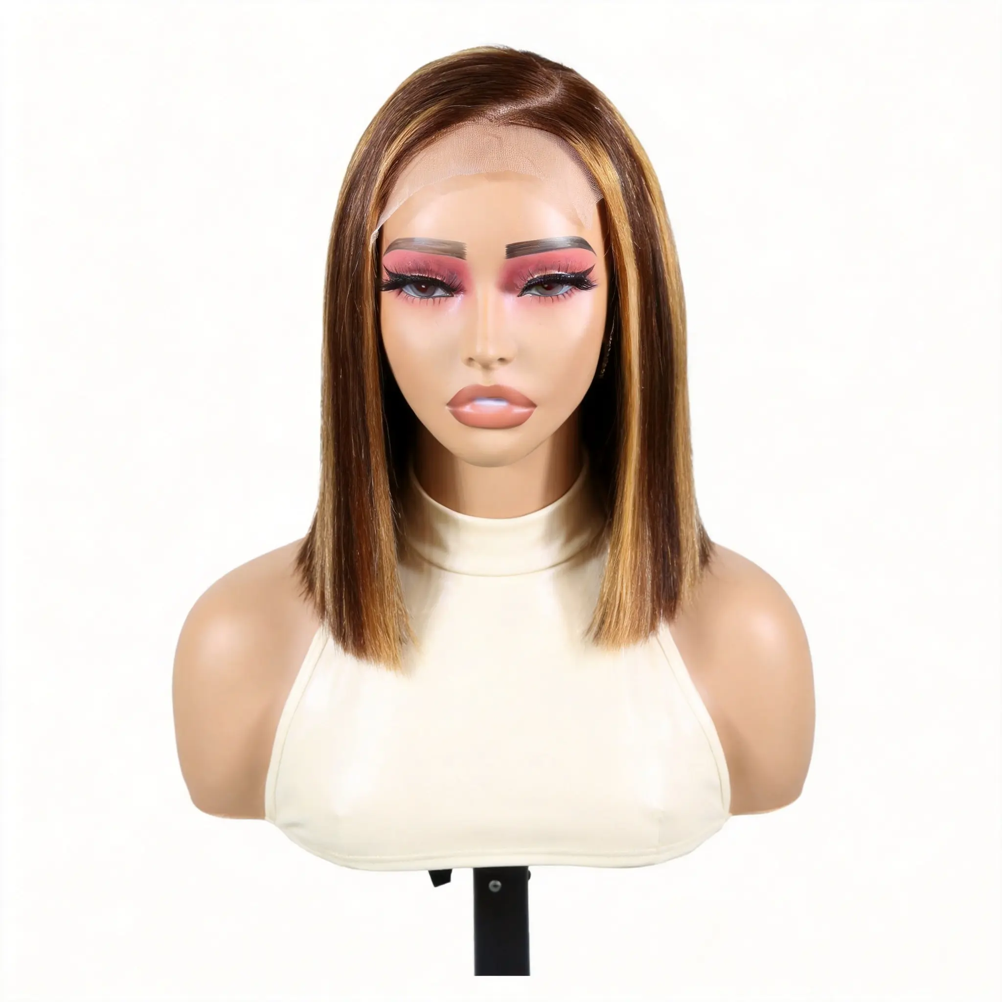 Honey Blonde Ombre Glueless Straight Short Bob Wig With Drawstring P4/27 Highlight Ombre Pre-cut 5x5 HD Lace Human Hair Wigs With with Left C Part Pre plucked Pre Bleached Knots 180% Side Part Wig Beginner Friendly Summer Hairstyles#SummerWins