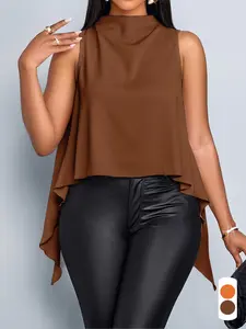 Women's Spring Summer Casual Chic Elegance Plain Sleeveless Shirt Blouse, Slim-Fitting Stand Collar Top, Irregular Back Design, Daily Wear Commuter Shirt