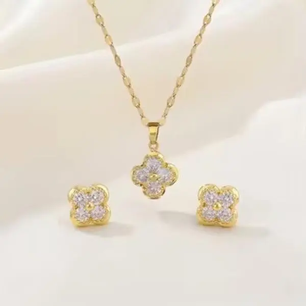 Lucky Clover Gold Jewelry Set  Anti-Tarnish Necklace & Earrings for Women