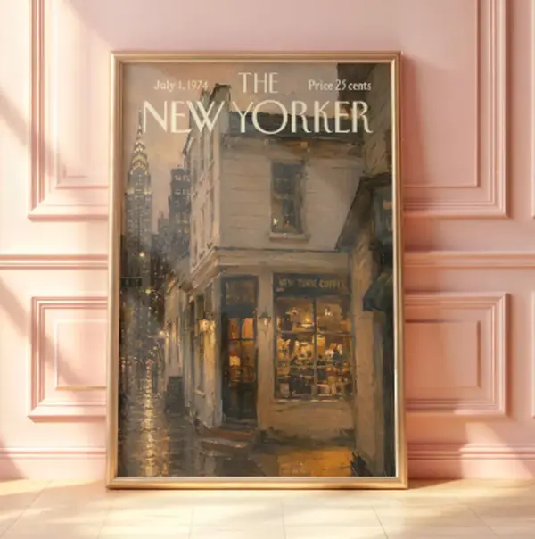 [25% OFF] [UNFRAMED]    Vintage New Yorker Coffee Shop Poster, Cozy NYC Café Wall Art, Rainy New York Street Print, Chrysler Building Decor, Magazine Cover Style