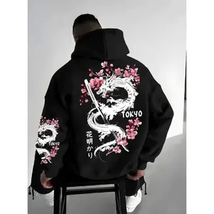 Unisex Tokyo Cherry Blossom Dragon Print Hoodie/ Sweatshirt/ Shirt, Casual Japanese Style Oversized Warm Pullover, Breathable Streetwear for Fall & Winter