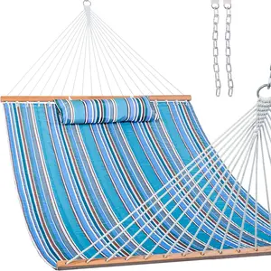 12 FT Quilted Fabric Double Hammock with Spreader Bars and Detachable Pillow, 450lbs Weight Capacity