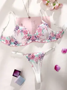 Embroidered Mesh Floral Lingerie Set, Ultra-Thin Sheer Underwire Bra, Push-Up Design, Sexy Slim Fit, Ideal for Young Women, Romantic Style, Underwear Sets