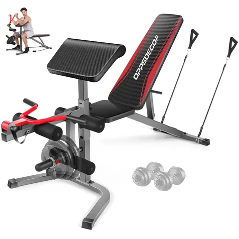 OppsDecor Olympic Adjustable Weight Bench Set - 900LBS Load Barbell Rack, Leg Extensions, Leg Curl, 3 Preacher Pad Positions for Upper Body, Incline-Decline-Flat, Fits Olympic/Standard Bars, Space-Saving Home Fitness Equipment for Barbell Weight Lifting