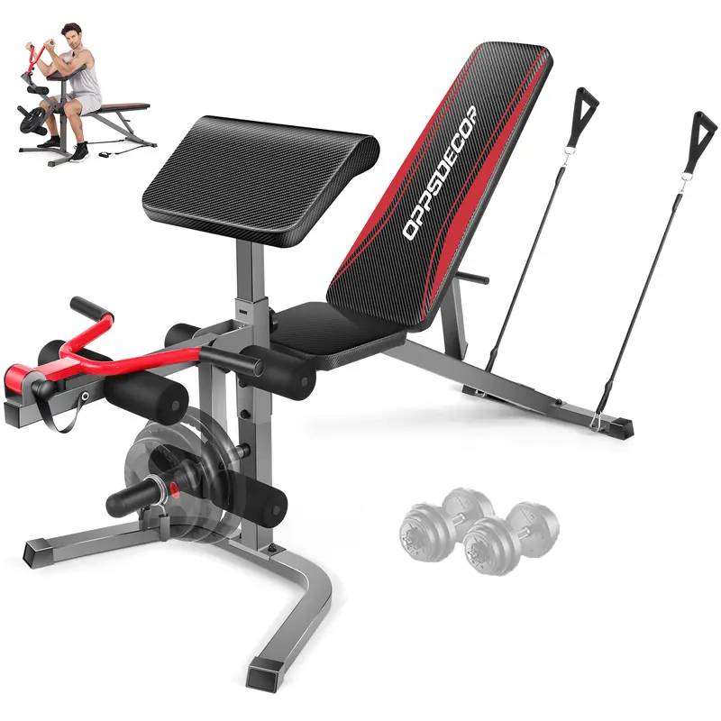 OppsDecor Olympic Adjustable Weight Bench Set - 900LBS Load Barbell Rack, Leg Extensions, Leg Curl, 3 Preacher Pad Positions for Upper Body, Incline-Decline-Flat, Fits Olympic/Standard Bars, Space-Saving Home Fitness Equipment for Barbell Weight Lifting