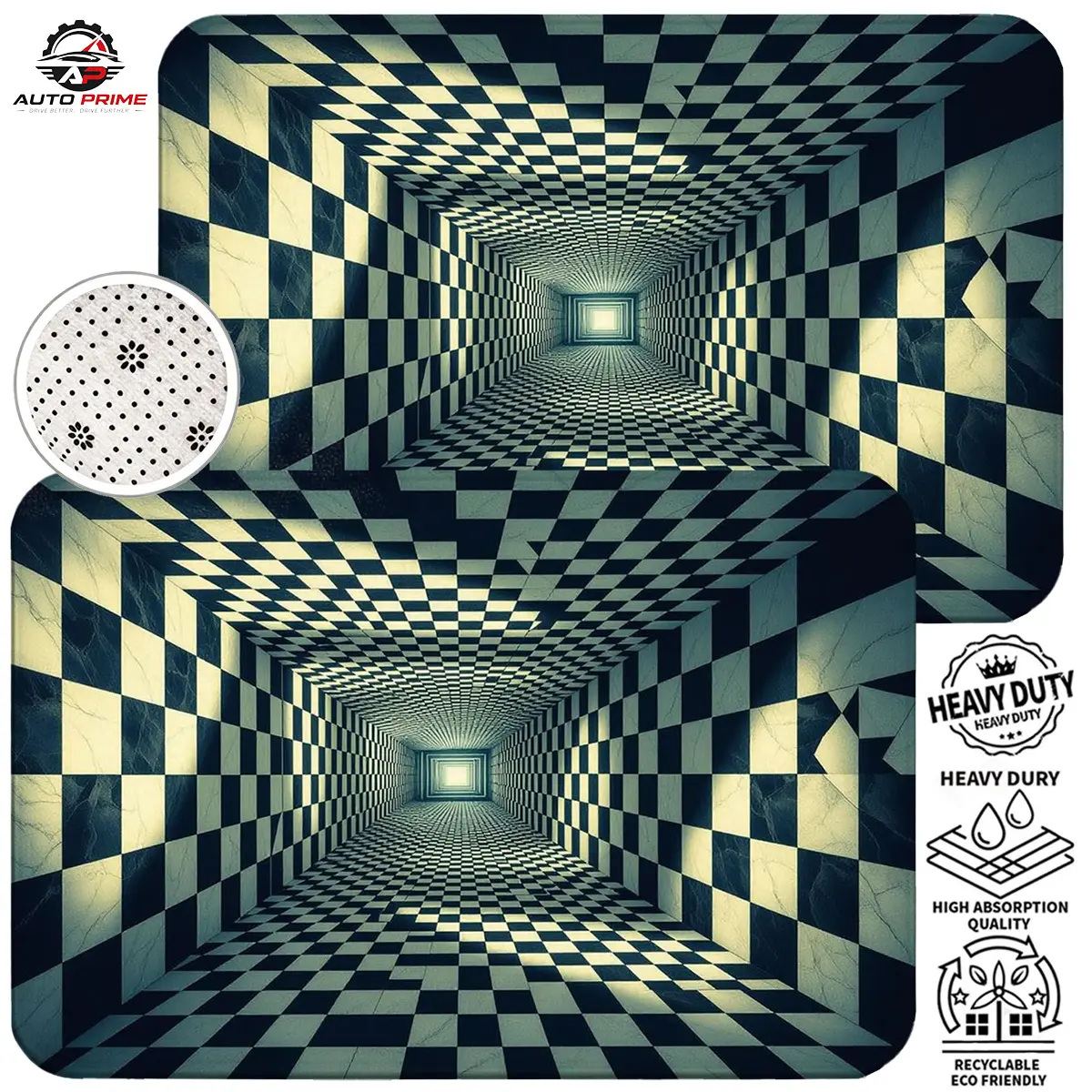 2-PCS 3D Checkered Optical Illusion Tunnel Car Floor Mats Set – Universal Fit 15.7” x 23.6”, Non-Slip & Waterproof Auto Floor Liners, Durable Easy Clean Interior Protection Accessories for Car SUV Truck, Gift for Car Lovers