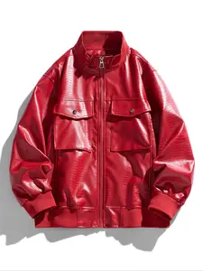 Men's Solid Color Plain PU Leather Jacket Coat, Stand Collar Chest Pocket Design, Casual Fashion Outerwear for Spring & Fall Seasons