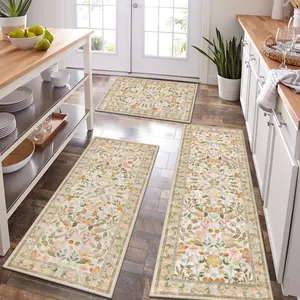 HEBE 3-Piece Washable Farmhouse Kitchen Rugs Set, Non-Slip Durable Area Rugs, Floral Birds Kitchen Floor Mat for Hallway, Entryway summerwins