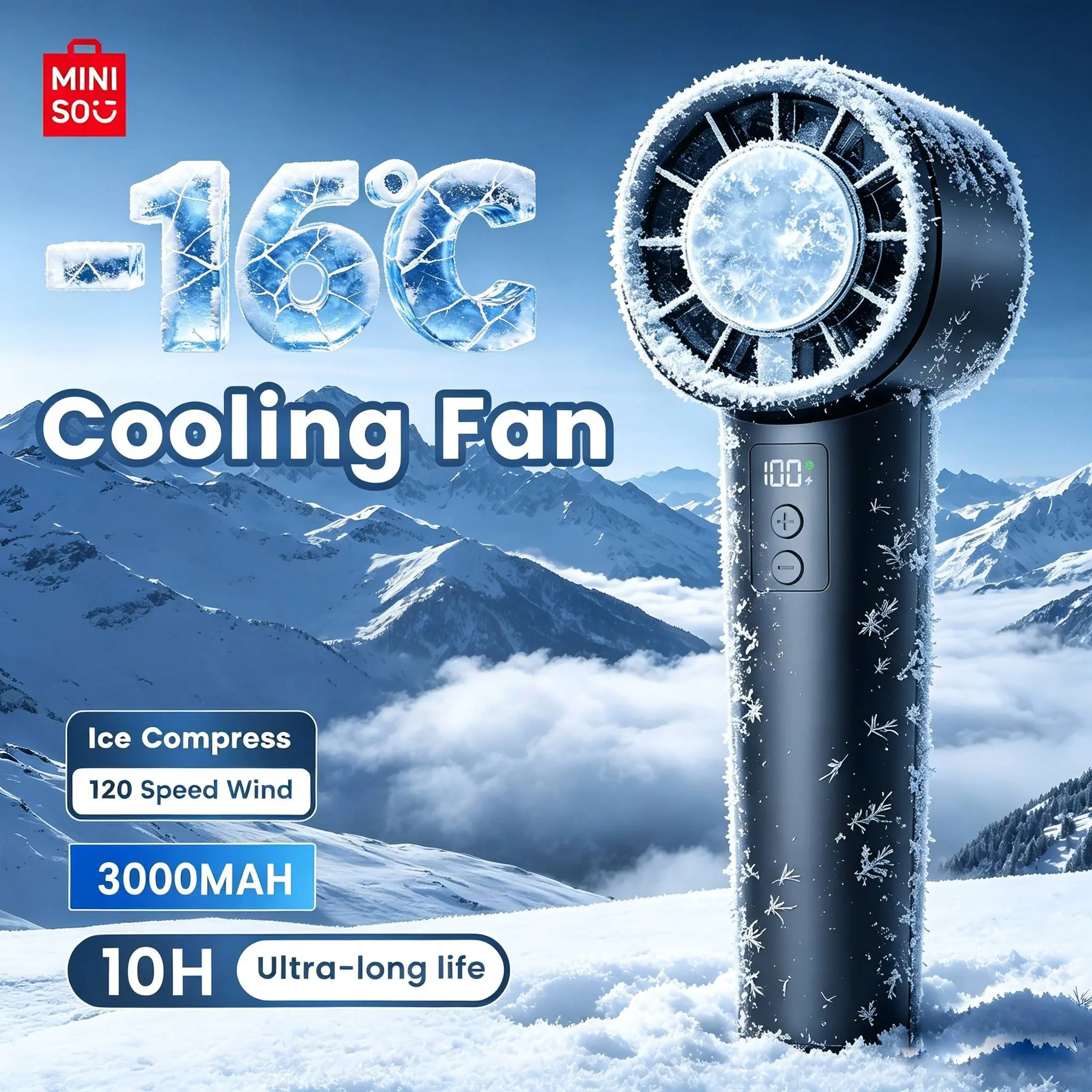 Miniso Portable Turbo Fan with Ice Cooler, Powerful 10000 RPM, Speed (1-120), Up to 8Hrs Cooling, Rechargeable Personal Fan, Small Pocket Hand Fans for Travel/Outdoor/Home/Office