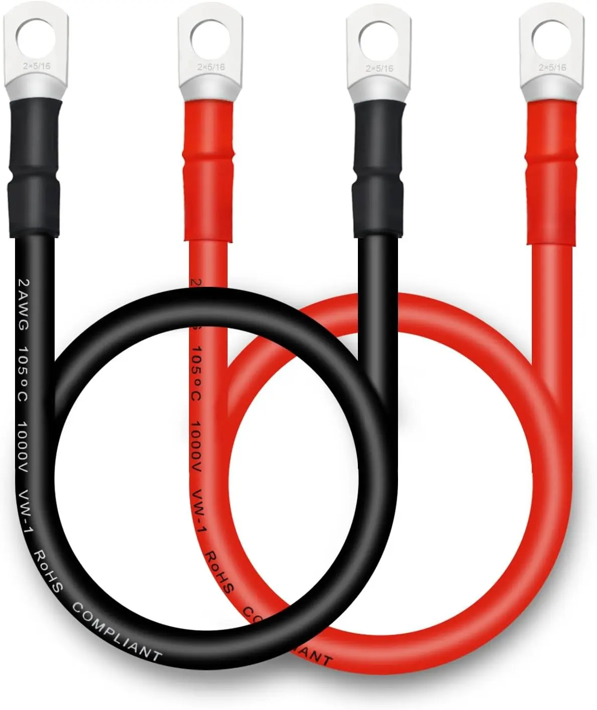 2PCS 2 AWG Battery Cable, 18inch Battery Cables with 5/16” Copper Terminals