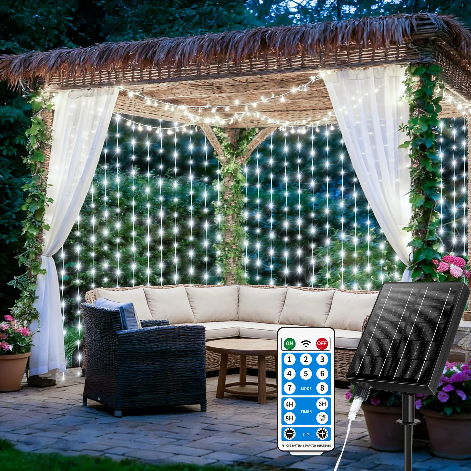 Upgraded 330-LED Solar-powered 7-color Curtain Light A Fairy-tale String Light with 8 Dimming Modes, Energy-saving And Durable, Suitable for Patios, Gazebos, Parties, Festivals, And Wedding Decorations Solar Outdoor Lights