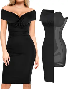 Popilush Off Shoulder V-Neck Ruched Midi Shapewear Dress