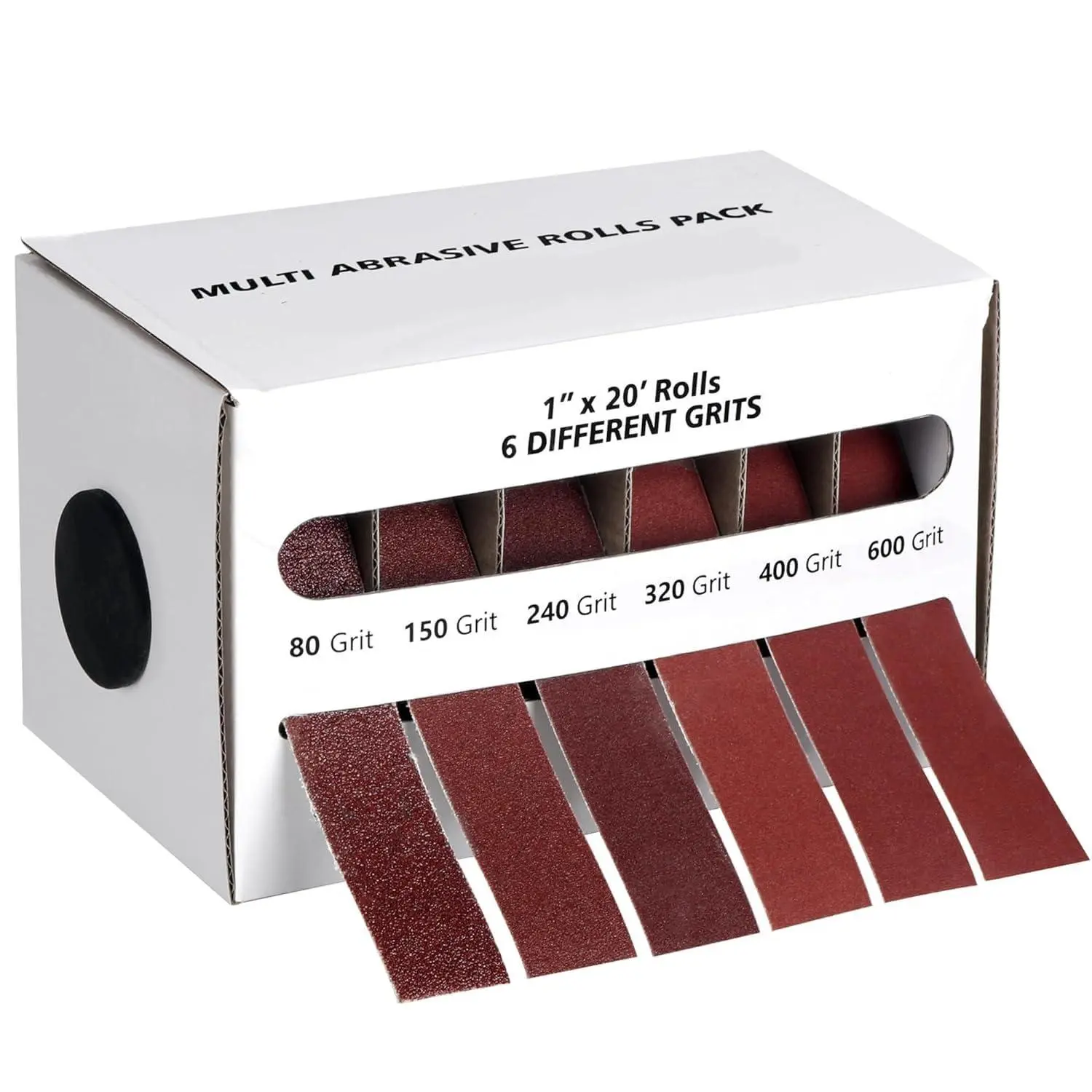 6-in-1 Sandpaper Roll Set, Abrasive Cloth Rolls 1 Inch x 20 Ft, 80/150/240/320/400/600 Grit Wet Dry Sandpaper with Dispenser Box, Cut-to-Size Aluminum Oxide Sanding Rolls for Wood Metal Auto Jewelry Crafts