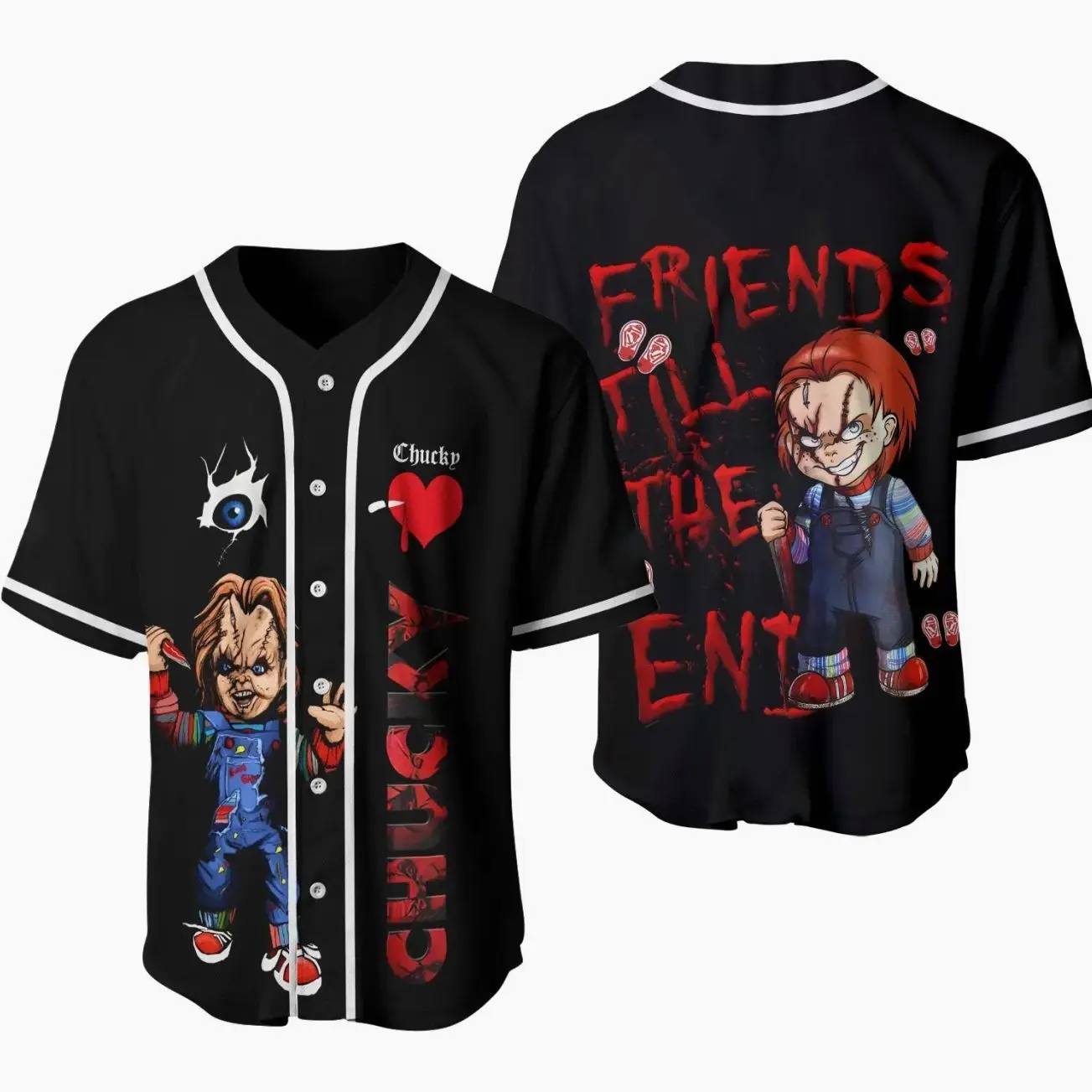 Unisex Polyester 2D Baseball Jersey - Chucky Inspired Horror Doll Graphic, Breathable Short Sleeve Baseball/Softball Button Up Shirt