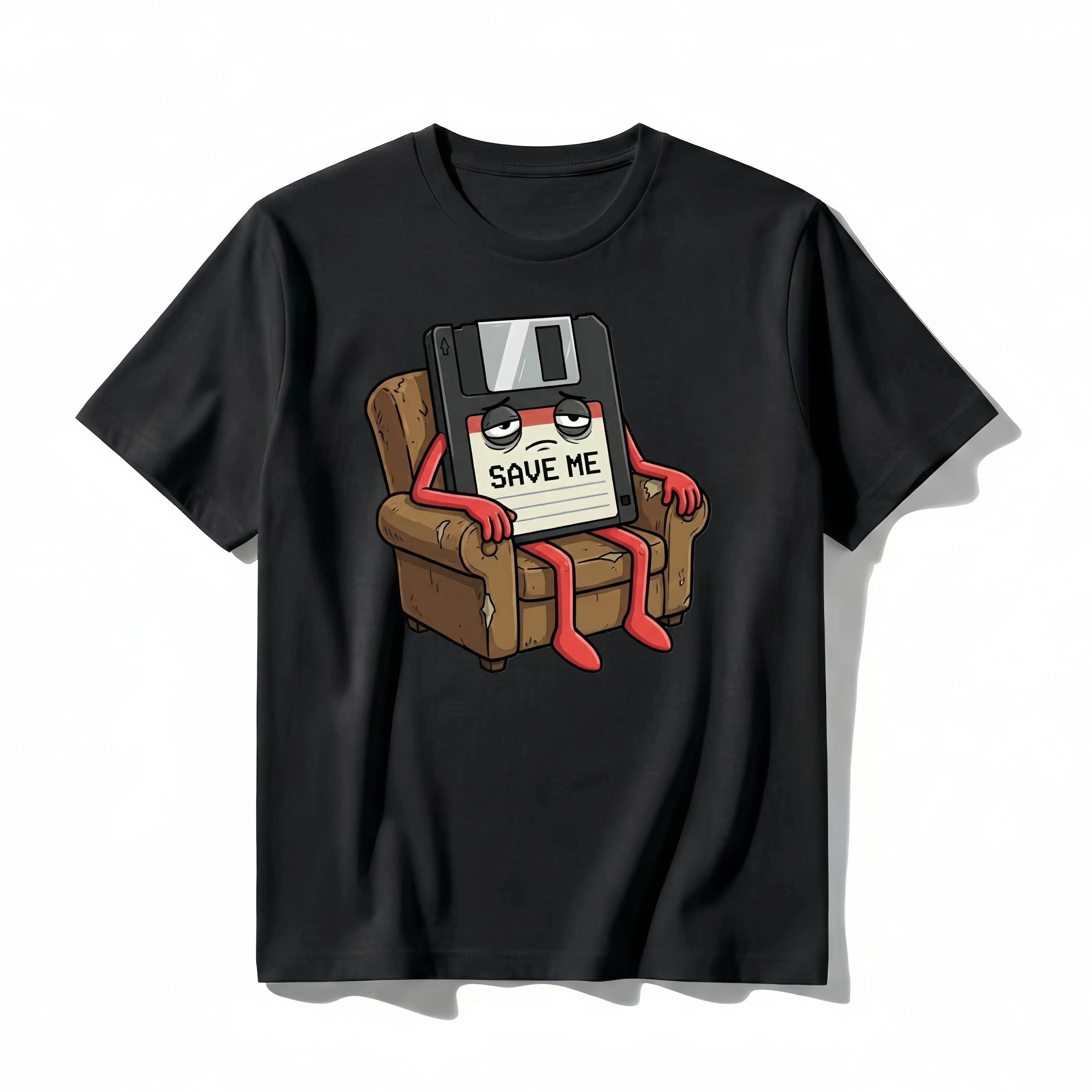 Funny Floppy Disk "Save Me" T-Shirt: Retro Tech Meme Graphic Tee for Programmers & Geeks. Nostalgic 80s 90s Vibe. Pure Cotton, Unisex, Loose Fit. IT Culture Casual Streetwear Gift.