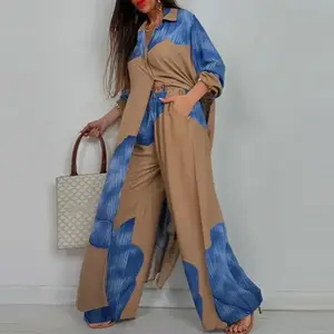 Women's 2 Piece  Sets Casual Button Down Shirt Wide Leg Pants Outfit  Long suit