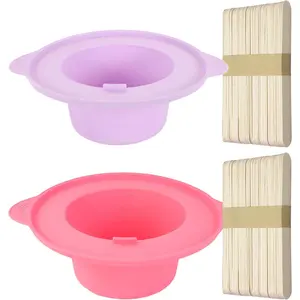 14 oz Reusable Non-Stick Silicone Wax Warmer Liner Pot with 100 Pcs Waxing Sticks for Body Hair Removal (Pink+Purple)