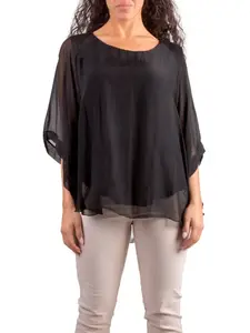 Round Neck Silk Top with Bell Sleeves