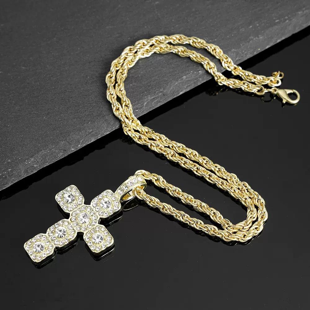 Cross Pendant Necklace, , Punk Style Cubic Zirconia Accessory with Stainless Steel Twisted Tennis And Rope Chain, Iced Sparkling Statement Ornament Suitable for Daily Wear And Gifting for Men, Women And Husband