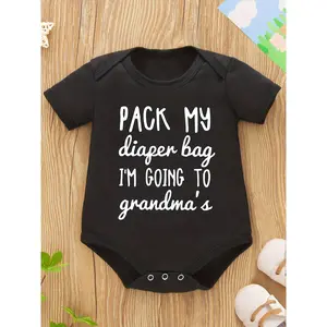 Cute "Pack My Diaper Bag, I'm Going to Grandma's" Baby Boy Cotton Jumpsuit-Short Sleeve, round Neck, Snap Button, Opaque, Machine Washable-Perfect for Summer Outdoor Fun, Perfect for Outdoors