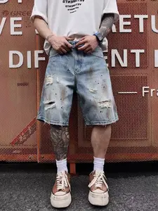 Men's 5-Inch Heavyweight Cotton Jean Shorts - Menswear, Personalized, Vintage Mud Wash, Graffiti Graphic Splatter, Distressed Ripped, Baggy Jorts, Loose Straight, Chunky Hem, Pocket, Layer-Friendly Casual Streetwear for Sneakers Pairing summerwins