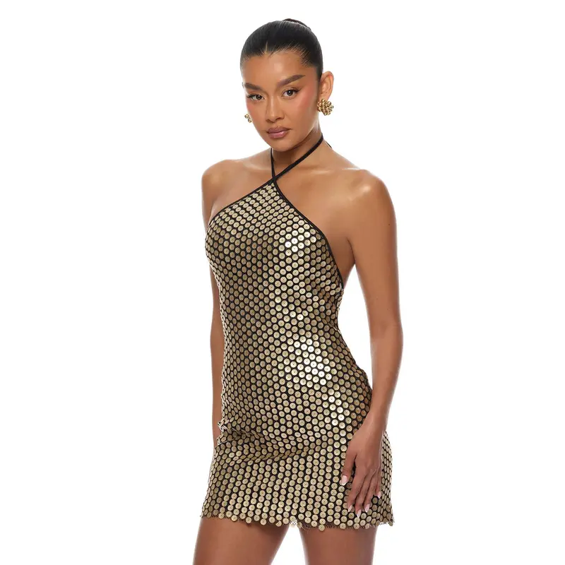 slim fit dress slacks Sabine Black and Gold Foil Print Mini Dress main image 0
