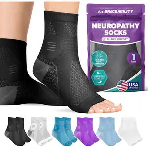 BraceAbility Neuropathy Socks (Pair) - Peripheral Neuritis Compression Diabetic Toeless Foot Sleeves for Nerve Damage Pain in Feet, Ankle Gout, Plantar Fasciitis Relief Brace for Men and Women (XL - Black)