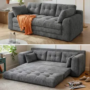 2-3 Seater Folding Convertible Sofa Bed, Boneless Pull-Out Sleeper Sofa with Pillows, Tufting Corduroy Upholsted Foldable Floor Couch Comfy Lounge with High Resilience & High Density Foam for Small Space Living Room Bedroom, Black Gray WhiteGift