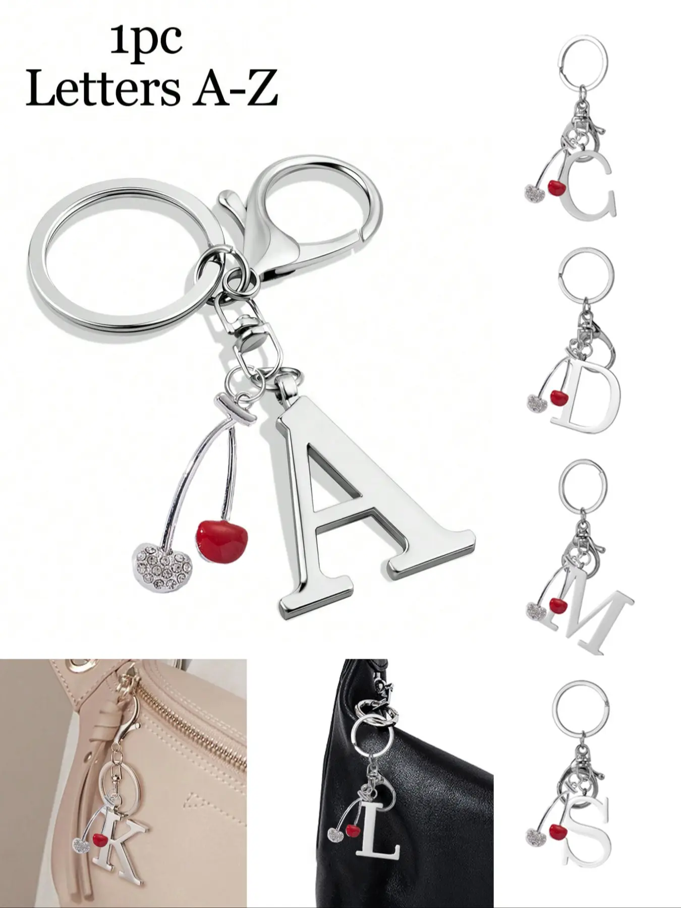 1pc Silver Letter Keychain, Initial Keychain, Aesthetic Keychain For Bags, with Diamond Cherry Accessories, Letter A-Z Pendant, Stylish Alloy Key Chain Ring, Bag Backpack Charm Car Key Holder, Accessories for Women's Daily Use, Couples Gift