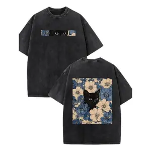 Black cat floral pattern fun print vintage washed cotton T-shirt, Y2K style American streetwear, unisex, fashionable and versatile, clear print, simple and elegant