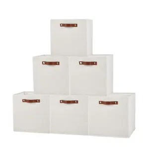 6-pack 13 x 13 inch foldable fabric storage cube box, linen closet storage box with sturdy leather handle, foldable storage basket for shelves, cabinets, household items, beige