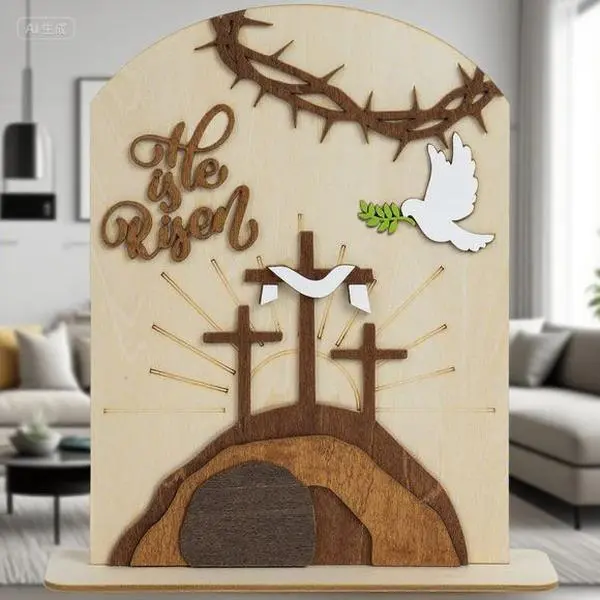 "Resurrection Scene Decor for Easter, Christian Empty Tomb Table Centerpiece, Religious Home and Office Decorations, Catholic Jesus Cross Ornament, Tiered Tray Display for Spring Holiday" Gift Christmas Natural Wood Wooden