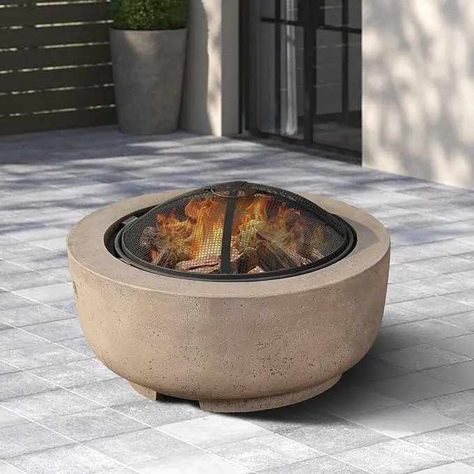 Allwex 23" Round Outdoor Wood Burning Fire Pit, Magnesium Oxide Construction with Spark Screen & Poker for Patio, Backyard, Outdoor Fire Pit, Wood Burning Firepit