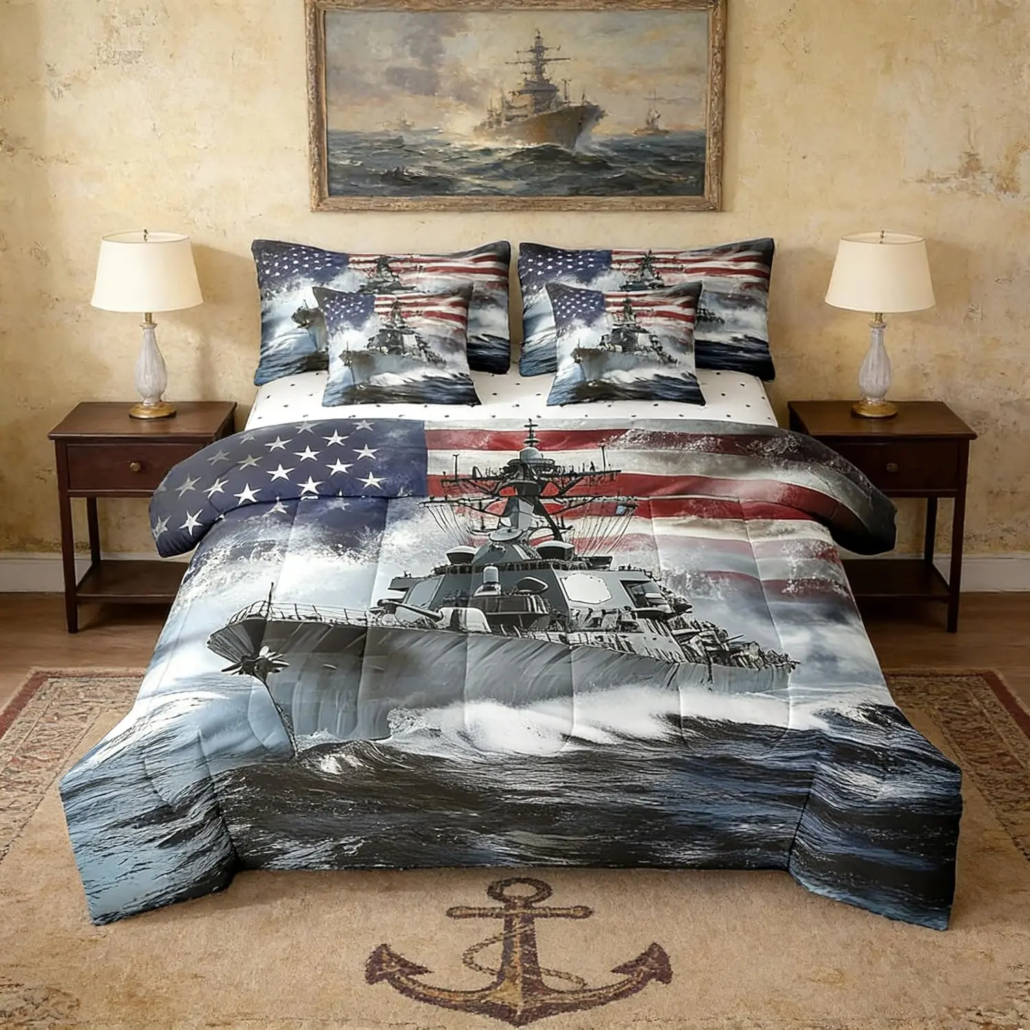 7 Pieces 3D Warship Comforter Set,Navy Army Combat Ship Ocean Waves Bedding Set Men,American Flag Geometric Stripes(Comforter+Fitted+Flat Sheet+2 Pillowcases+2 Throw Pillow Covers)