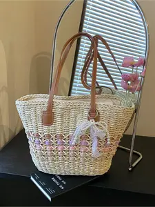 New Woven Straw Tote Bag with Hollow Crochet Design Contrast Leather Shoulder Strap Large Capacity Beach Vacation Bag Casual Shopper Straw Boho Bag Bohemian Straw Bag