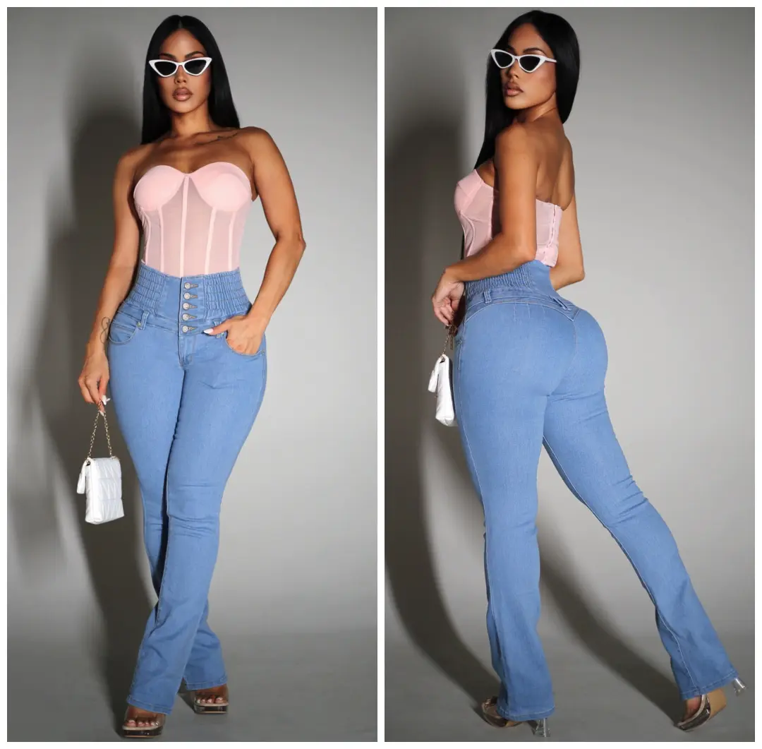 Women’s High Waist Light Wash Bootcut Jeans, Push Up 5 Button Spandex Waist Stretch Denim – MX JEANS by ModaXpress