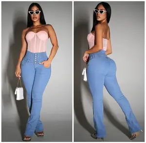 Women’s High Waist Light Wash Bootcut Jeans, Push Up 5 Button Spandex Waist Stretch Denim – MX JEANS by ModaXpress