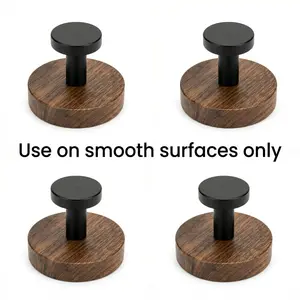 4 Pack Walnut Wood Suction Cup Hooks, No Drill Reusable Heavy Duty Wall Hooks for Hanging, Waterproof Adhesive Towel Hooks for Bathroom, Kitchen, Glass, Tile, Door, Modern Matte Black Organizer Hooks