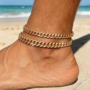 Men Women Layered Cuban Anklet Set Stackable Gold Plated Chain Foot Bracelet Unisex Fashion Summer Beach Minimalist Ankle Jewelry for Daily Wear