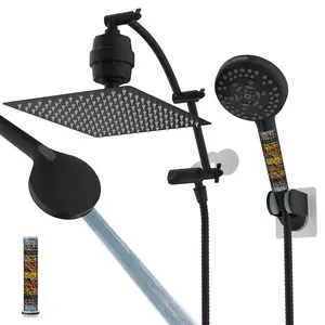 Hibbent All Metal 12'' Filtered Rainfall Shower Head Combo, High Pressure Handheld Shower Head with 16'' Adjustable Arc Extension Arm, 20 Stage Shower Filter, 10-spray, 71'' Shower Hose, Matte Black