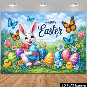 1PC Polyester 2D Flat Happy Easter Backdrop Banner - Cute Bunny, Colorful Eggs, Butterflies, Flowers, Chick Decor - Reusable for Kids' Party, Birthday, Photography Wall Hanging Decoration